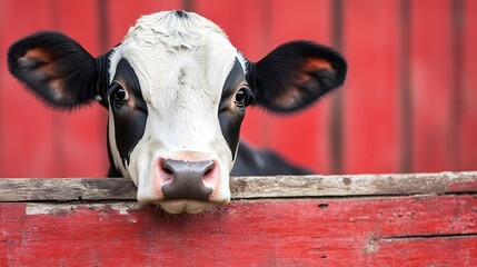 Aufkleber - Close up view of a curious cow looking over a wooden fence with a vibrant red barn background : Generative AI