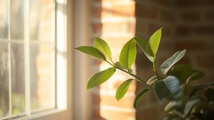 Aufkleber - Sunlight streaming through a window onto vibrant green leaves in a cozy indoor setting : Generative AI
