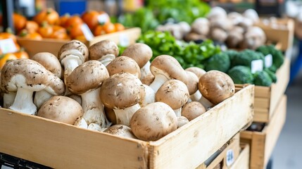 Poster - Fresh organic mushrooms displayed among a variety of vegetables at a local market stall showcasing healthy produce options : Generative AI