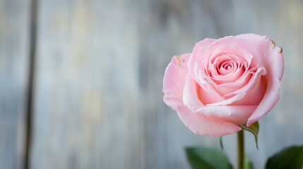 Poster - Beautiful pink rose blossom with soft petals against a blurred rustic wooden background : Generative AI