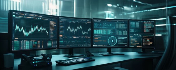 Poster - Advanced financial trading station with multiple monitors in modern office