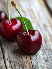 Poster - Fresh organic cherries placed on rustic wooden background showcasing summer fruit : Generative AI