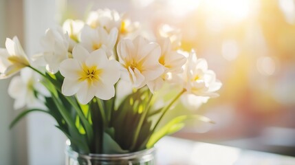 Aufkleber - Elegant bouquet of white flowers in a vase illuminated by sunlight creating a serene and joyful atmosphere : Generative AI
