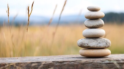 Fototapete - Stack of smooth stones balanced on wooden plank represents tranquility and harmony in nature : Generative AI