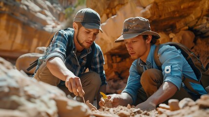 Two young men engaged in archaeology discovery in a rocky landscape.