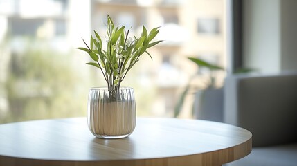 Poster - Refreshing indoor plant arrangement in a modern glass vase on a wooden table : Generative AI