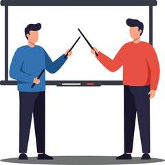 Poster - Two professionals engaging in a discussion with pointers in flat vector illustration