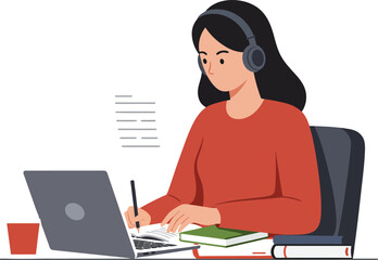 Poster - Woman working on laptop with books and coffee in flat vector art