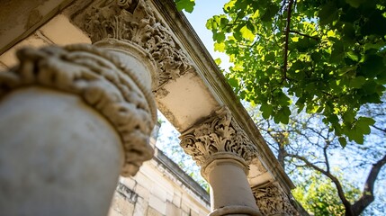 Poster - Scenic View of Ancient Architectural Columns Framed by Lush Greenery and Brilliant Light : Generative AI