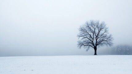 Poster - Isolated tree in a foggy atmosphere with a snowy ground creating a serene winter landscape : Generative AI