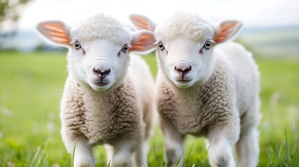 Poster - Adorable twin lambs standing together in a lush green field enjoying the beautiful outdoors : Generative AI