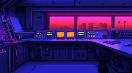 Poster - Futuristic control room with vibrant sunset view, showcasing advanced technology and city skyline