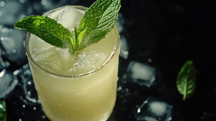 Wall Mural - A tall glass of refreshing mint-infused lemonade with a sprig of fresh mint garnishing the top, served over ice on a dark table. A delightful summer beverage.