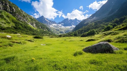 Poster - Breathtaking Mountain Landscape Surrounded by Lush Green Meadow and Blue Sky : Generative AI