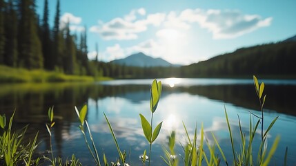 Aufkleber - Serene lake reflecting nature surrounded by lush greenery and mountains under a clear blue sky creating a tranquil scene : Generative AI