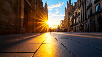 Aufkleber - Historic street illuminated by sunset rays showcasing intricate architecture in a vibrant city setting : Generative AI