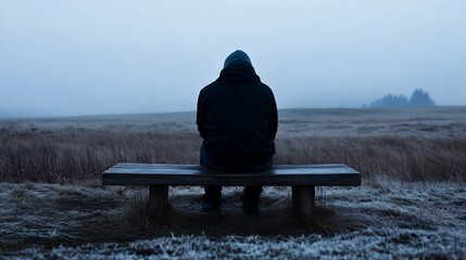 Poster - Solitary figure sitting on a bench in a misty field evoking feelings of isolation and contemplation : Generative AI