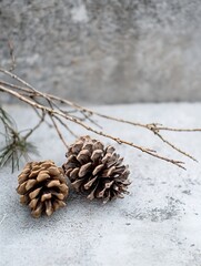 Aufkleber - Natural pine cones and twigs on a textured gray background showcasing rustic elements : Generative AI