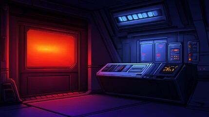 Poster - Futuristic control room interior with glowing panels and a vibrant window view of space