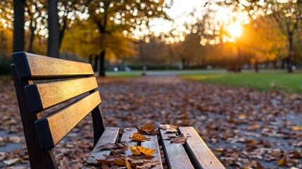 Poster - Beautiful Autumn Scene Featuring a Park Bench Surrounded by Colorful Leaves and Setting Sunlight : Generative AI