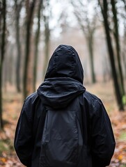 Aufkleber - Mysterious figure walking through foggy forest path surrounded by trees : Generative AI