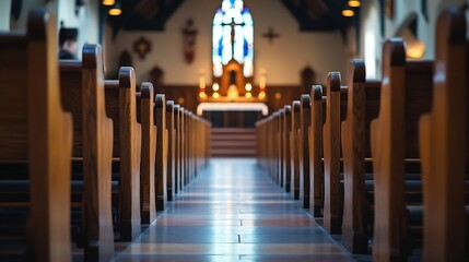 Poster - Interior of a church featuring rows of wooden pews leading to the altar : Generative AI
