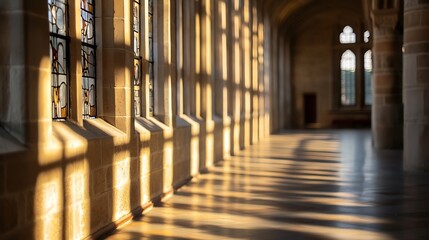 Poster - Illuminated hallway of a historic building with stained glass windows casting colorful shadows : Generative AI