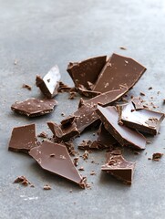 Poster - Artfully arranged pieces of rich dark chocolate scattered on a textured surface for a delicious display : Generative AI