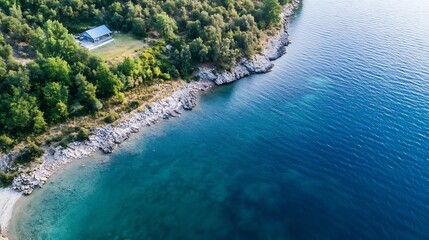 Poster - Bird's eye view of serene green coastal area with clear water and rocky shore : Generative AI