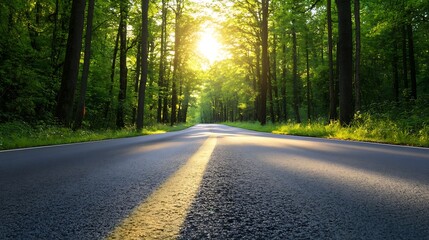 Poster - Serene view of a winding road through lush green forest illuminated by the golden light of sunset : Generative AI