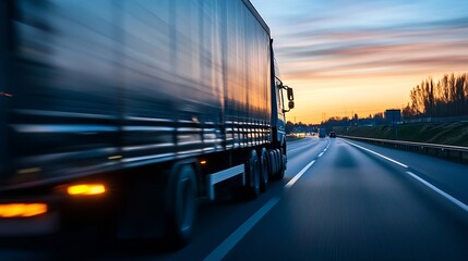Aufkleber - Dynamic shot of a speeding truck on a highway during sunset showcasing motion and energy : Generative AI
