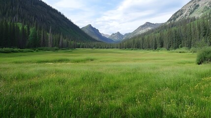 Poster - Breathtaking View of a Vast Green Meadow Surrounded by Majestic Mountains Under a Cloudy Sky : Generative AI