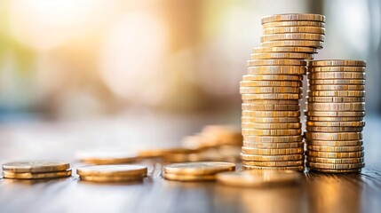 Aufkleber - Stacks of shining gold coins symbolizing wealth and financial growth in a vibrant light : Generative AI