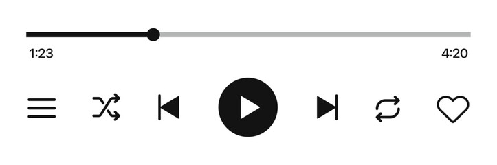 Music player UI: Audio media player widget with buttons, song duration bar, and sleek design. Vector illustration.