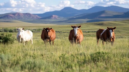 Poster - Four Cows Grazing on Lush Green Pasture with Mountains in the Background : Generative AI