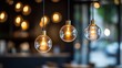© Generative AI - Elegant hanging light fixtures illuminating modern cafe space with a warm atmosphere : Generative AI