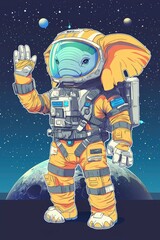 Wall Mural - adorable elephant astronaut waving in space