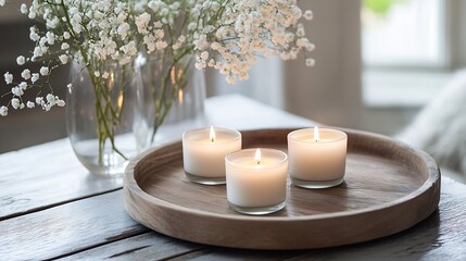 Poster - Elegant arrangement of three scented candles on a wooden tray with delicate flowers in the background : Generative AI