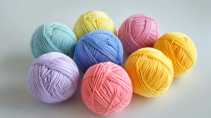 Poster - Pastel colored yarn balls arranged in a flower shape on a white background, ready for knitting and crochet projects