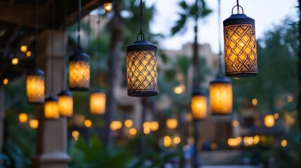 Aufkleber - Elegant decorative lanterns glowing warmly at dusk creating a captivating atmosphere in a lush garden space : Generative AI