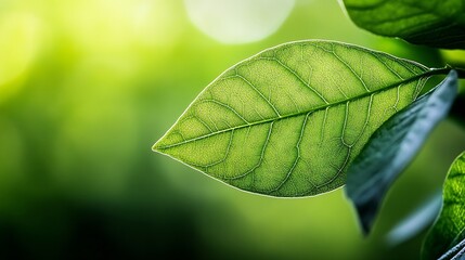 Poster - Closeup of a vibrant green leaf showcasing intricate texture and details against a soft natural background : Generative AI