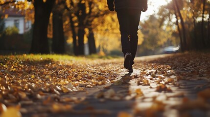 Poster - Person walking down a picturesque path covered in autumn leaves bathed in golden sunlight showcasing nature's beauty : Generative AI
