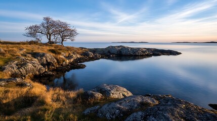 Wall Mural - Serene coastal landscape with peaceful water and beautiful trees in the soft light of dusk : Generative AI