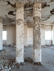 Poster - Abandoned interior of a building showcasing weathered concrete columns and debris : Generative AI