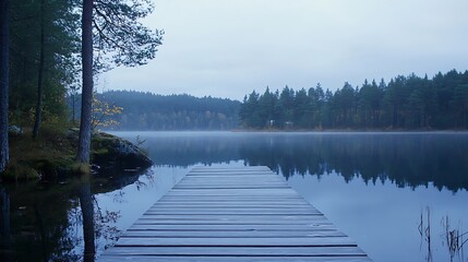 Poster - Misty calm lake surrounded by lush trees and a tranquil wooden dock reflecting in the water : Generative AI
