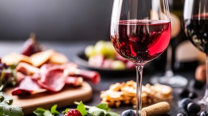 Poster - Elegant glass of red wine next to an assortment of gourmet meats and cheeses on a stylish dining table setup : Generative AI