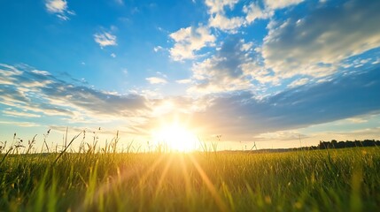 Poster - Beautiful sunrise over a grassy field with stunning clouds creating a serene landscape : Generative AI