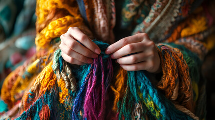 Poster - Close-up of female hands weaving colorful wool threads, creating a vibrant and textured textile piece