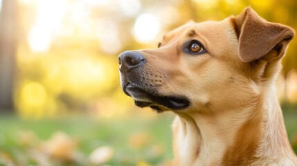 Poster - Close up portrait of a beautiful golden dog enjoying the warm sunlight in a park setting : Generative AI