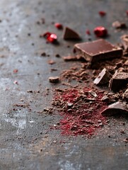 Aufkleber - Rich dark chocolate pieces scattered on a rustic surface with red powder and crumbs for decadent dessert ideas : Generative AI